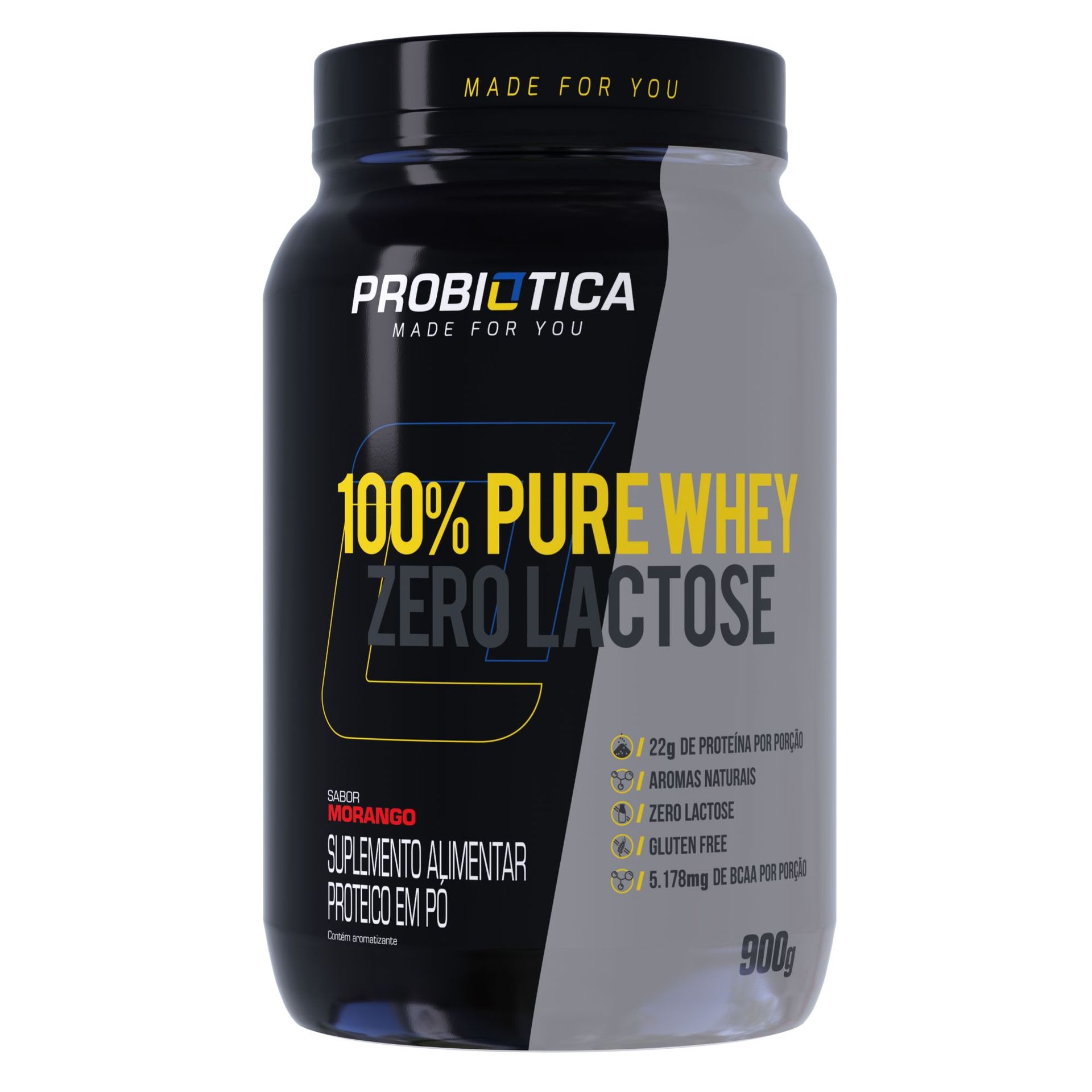 100% Pure Whey Zero Lactose Morango Probiótica 900g Pote
