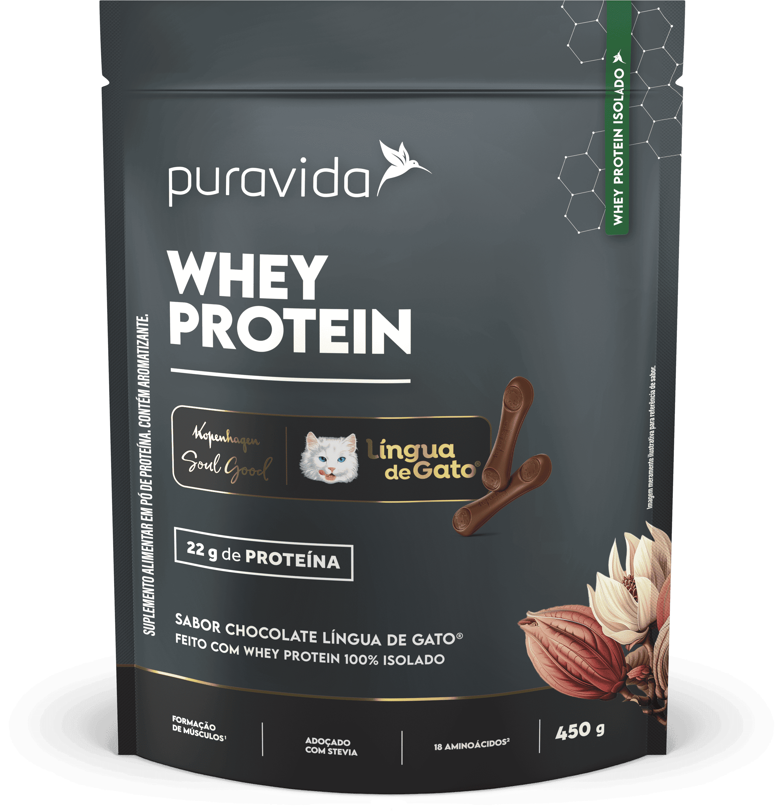 Whey Protein Isolado Puravida Sabor Chocolate Língua de Gato 450g