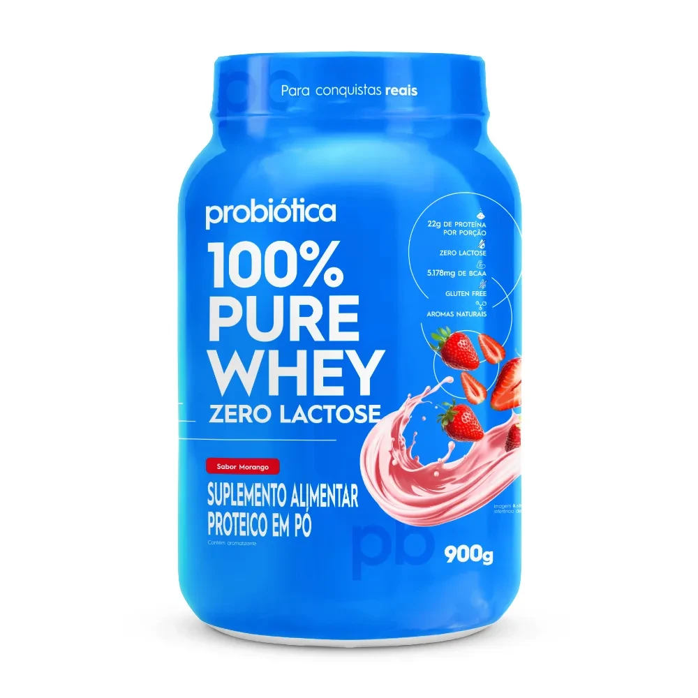 100% Pure Whey Zero Lactose Morango Probiótica 900g Pote