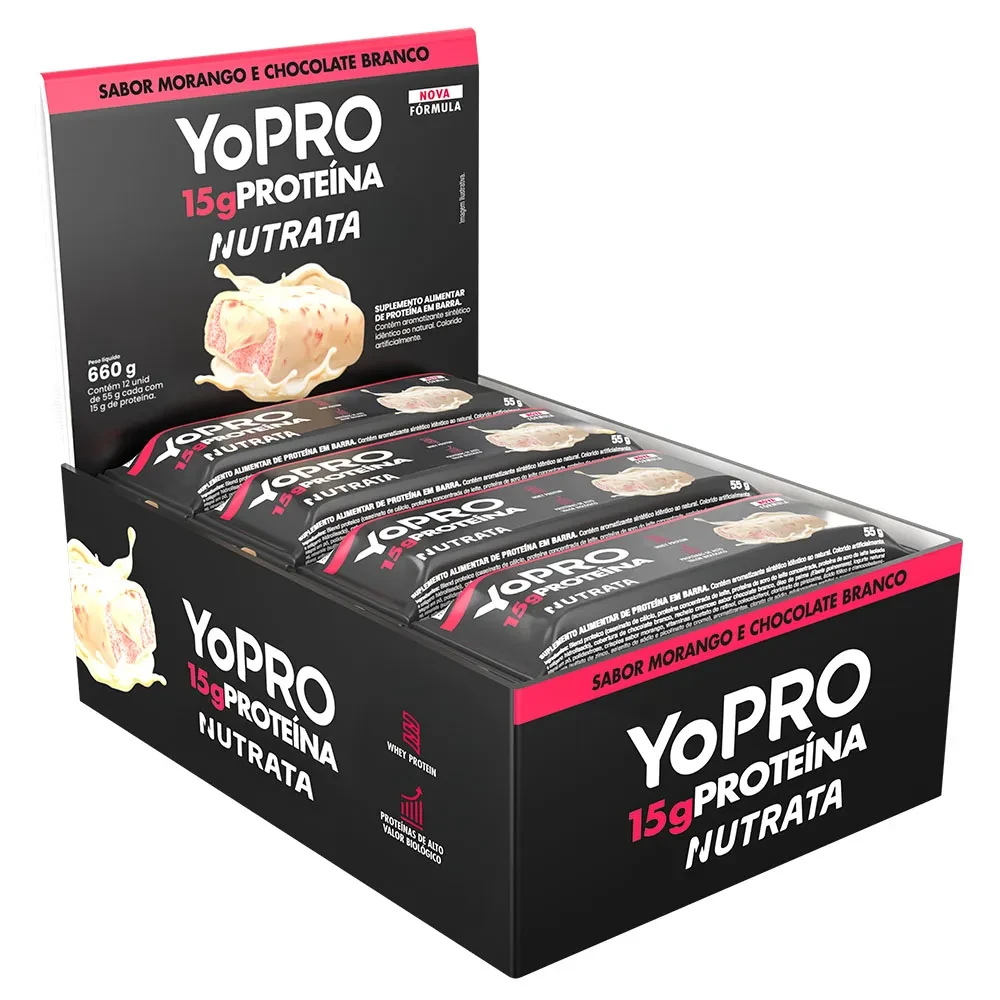 Barra YoPro Sabor Morango com Chocolate Branco Display Nutrata 12 Unidades